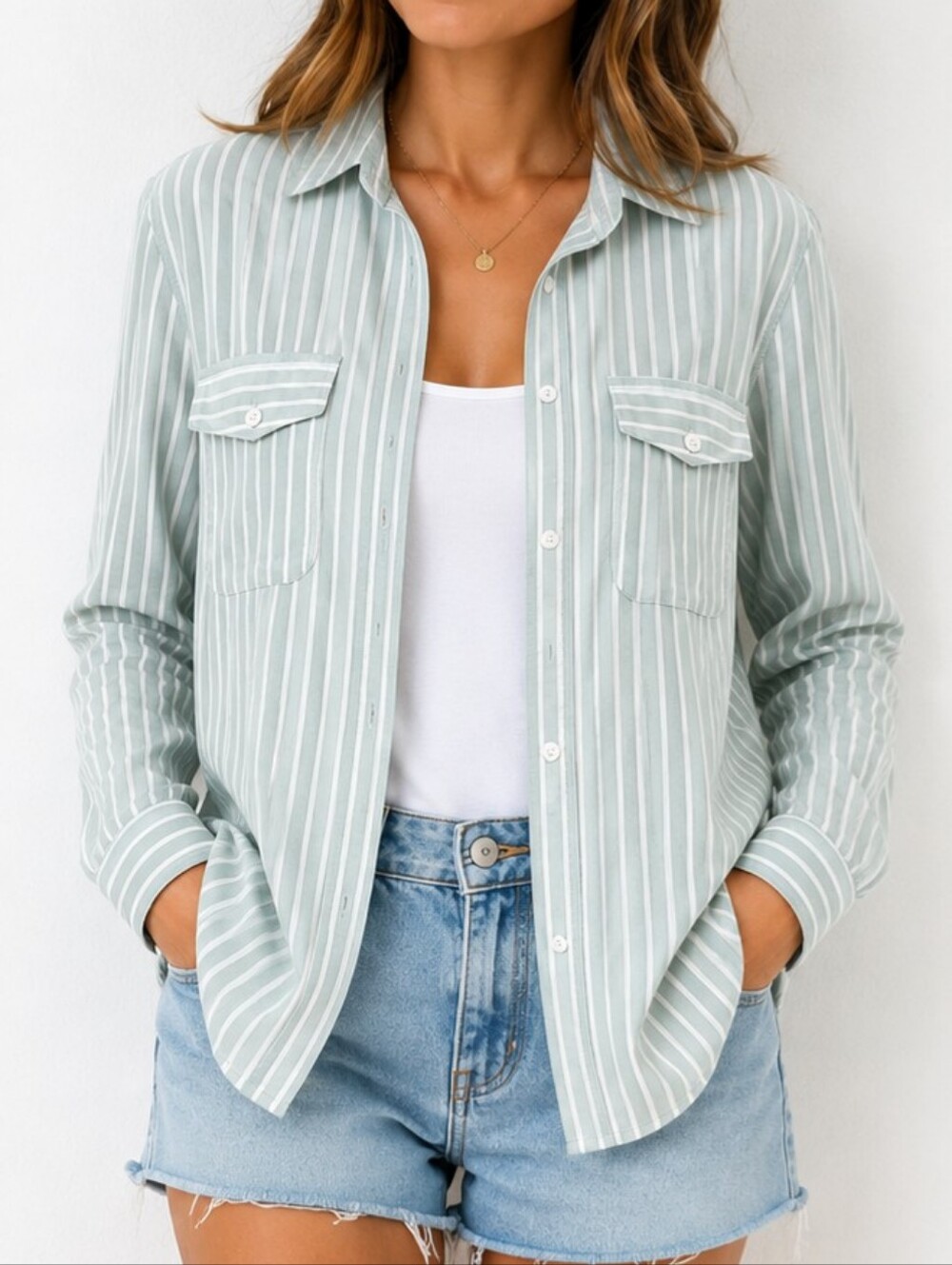 beachlunchlounge Green and White Striped Button Down Shirt Lightweight Layering